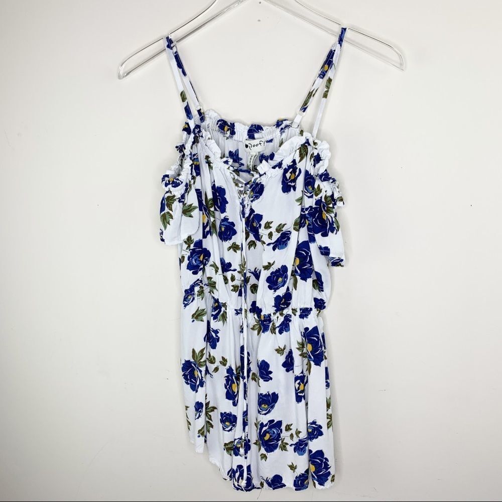 Poof Blue/White Floral Cold Shoulder Sassy Romper